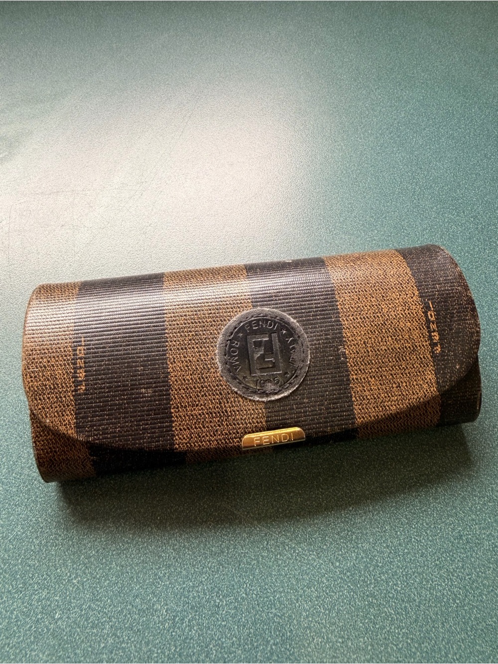 Fendi Black and Brown Striped Sunglasses Case with Gold Plaque